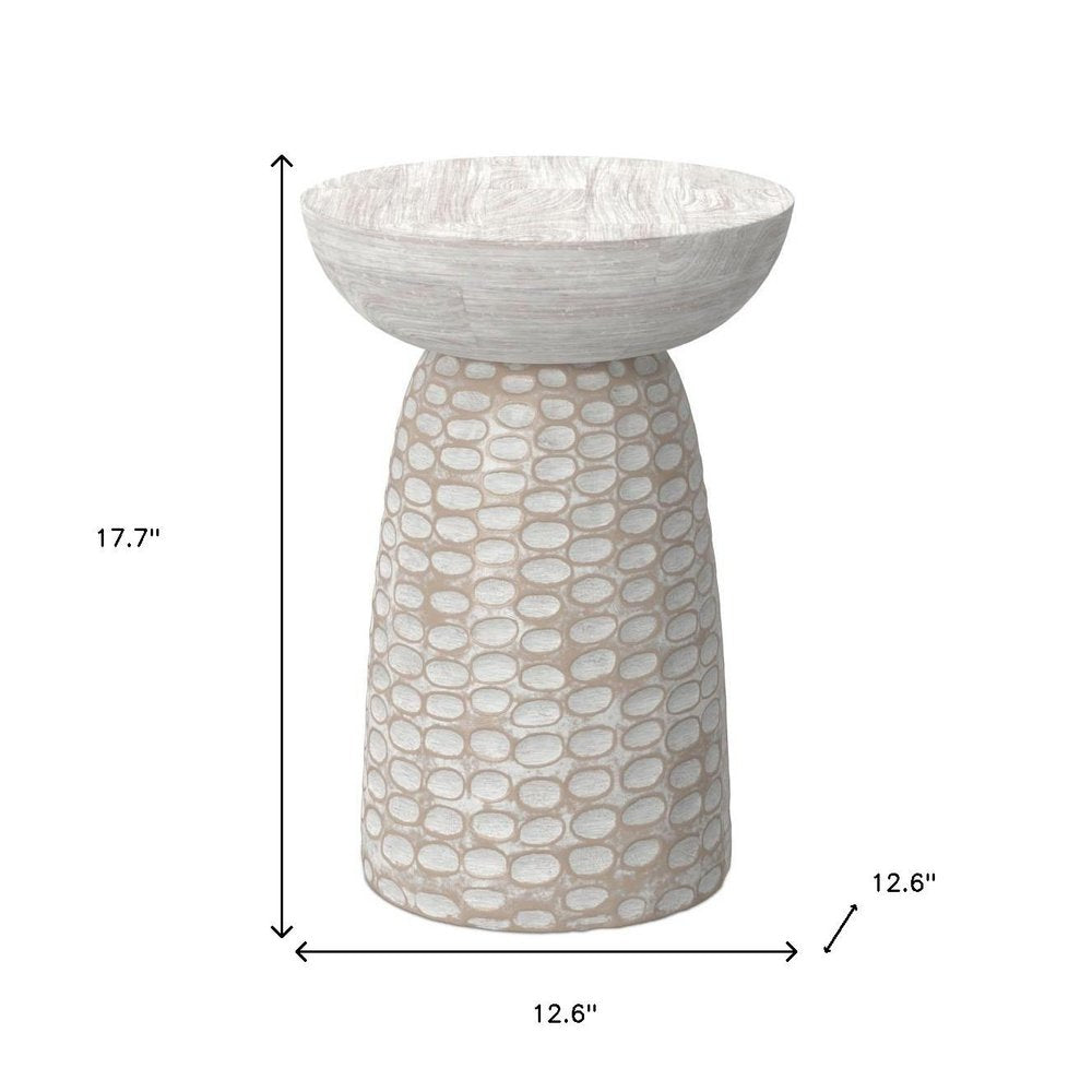 18" Natural And White Distressed Solid Wood Round Pedestal End Table