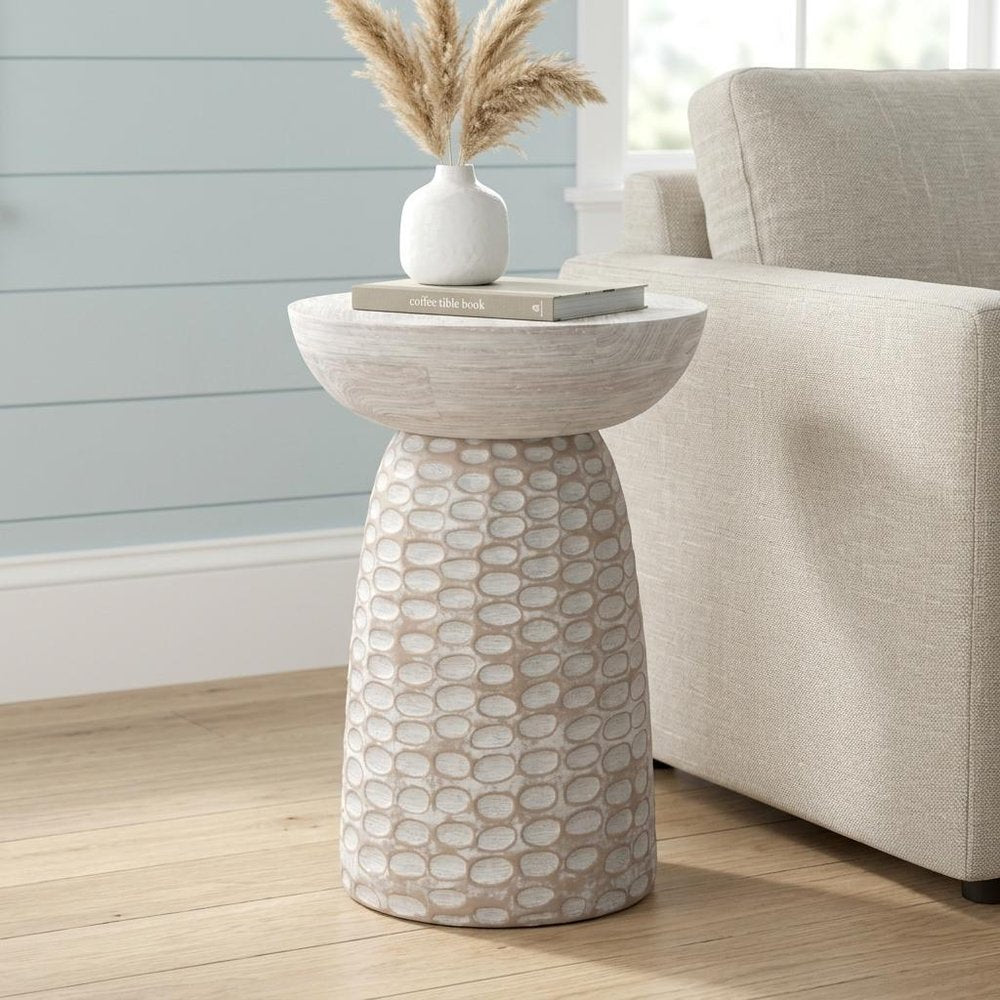 18" Natural And White Distressed Solid Wood Round Pedestal End Table