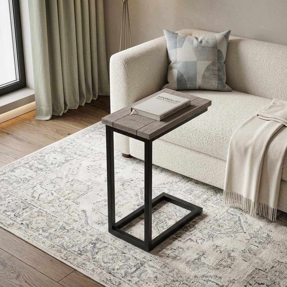 24" Natural And Black Distressed Solid Wood And Iron End Table