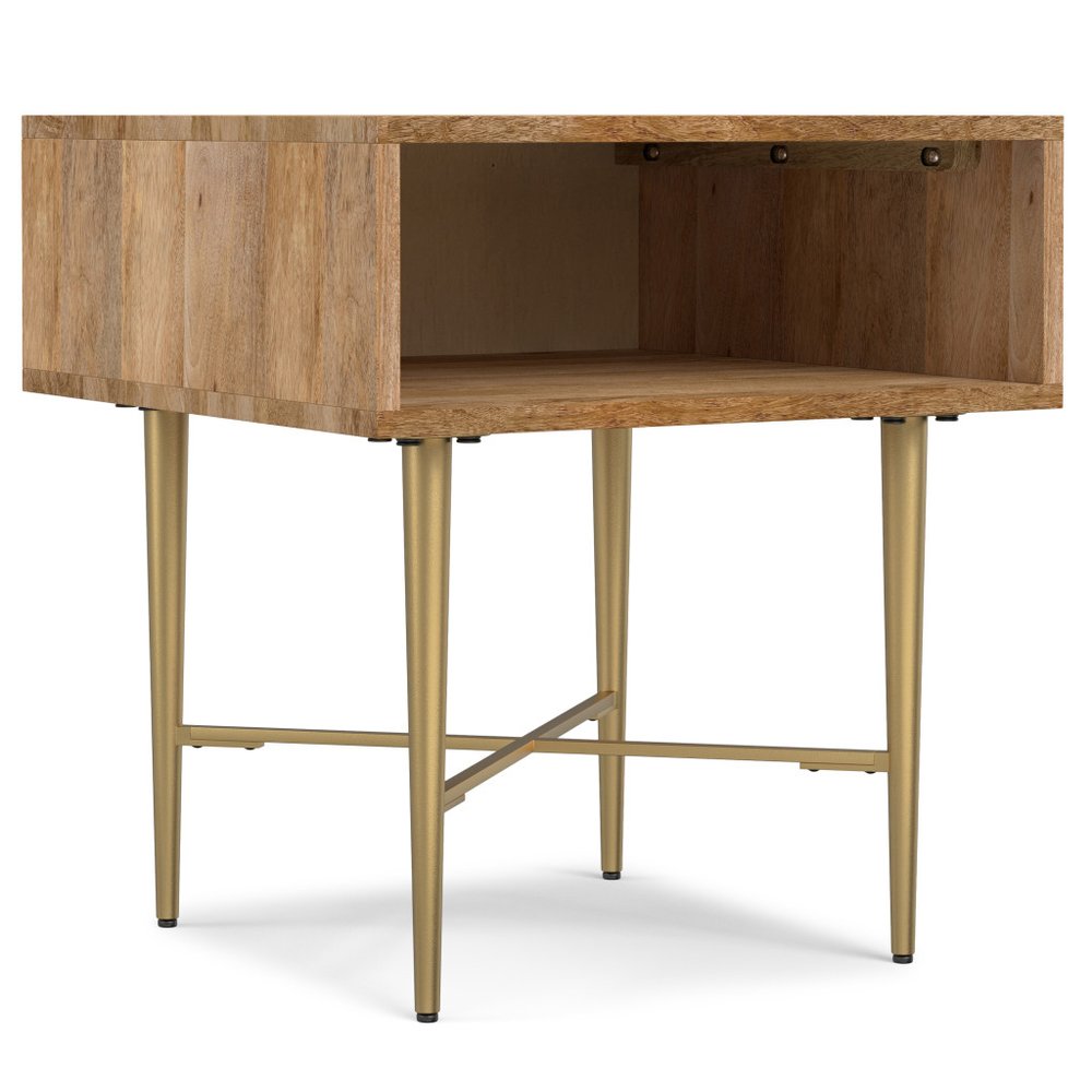 22" Natural and Gold Solid Wood and Iron Square End Table With Shelf