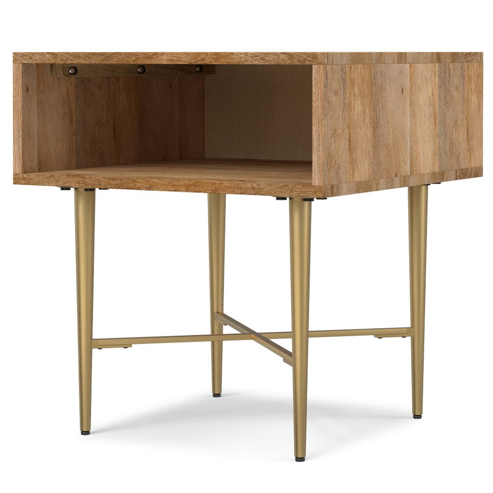 22" Natural and Gold Solid Wood and Iron Square End Table With Shelf