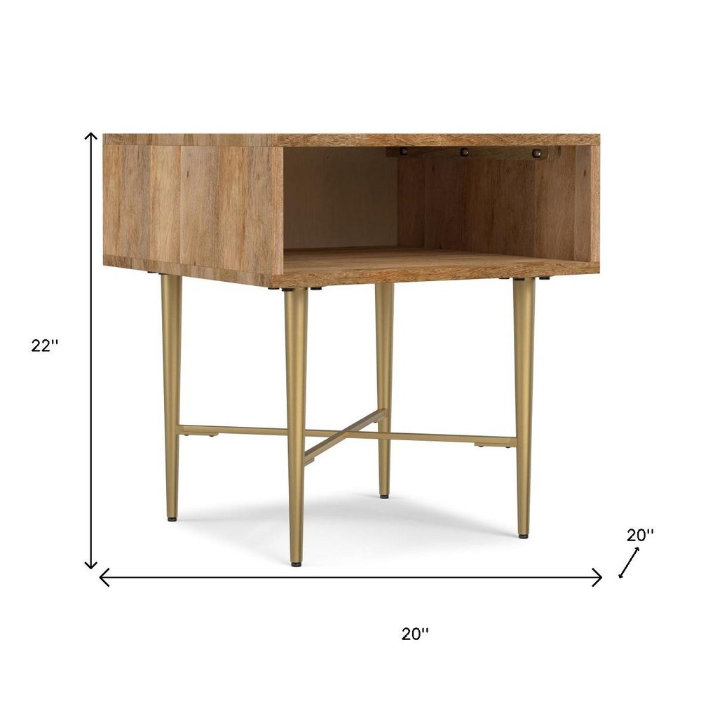 22" Natural and Gold Solid Wood and Iron Square End Table With Shelf