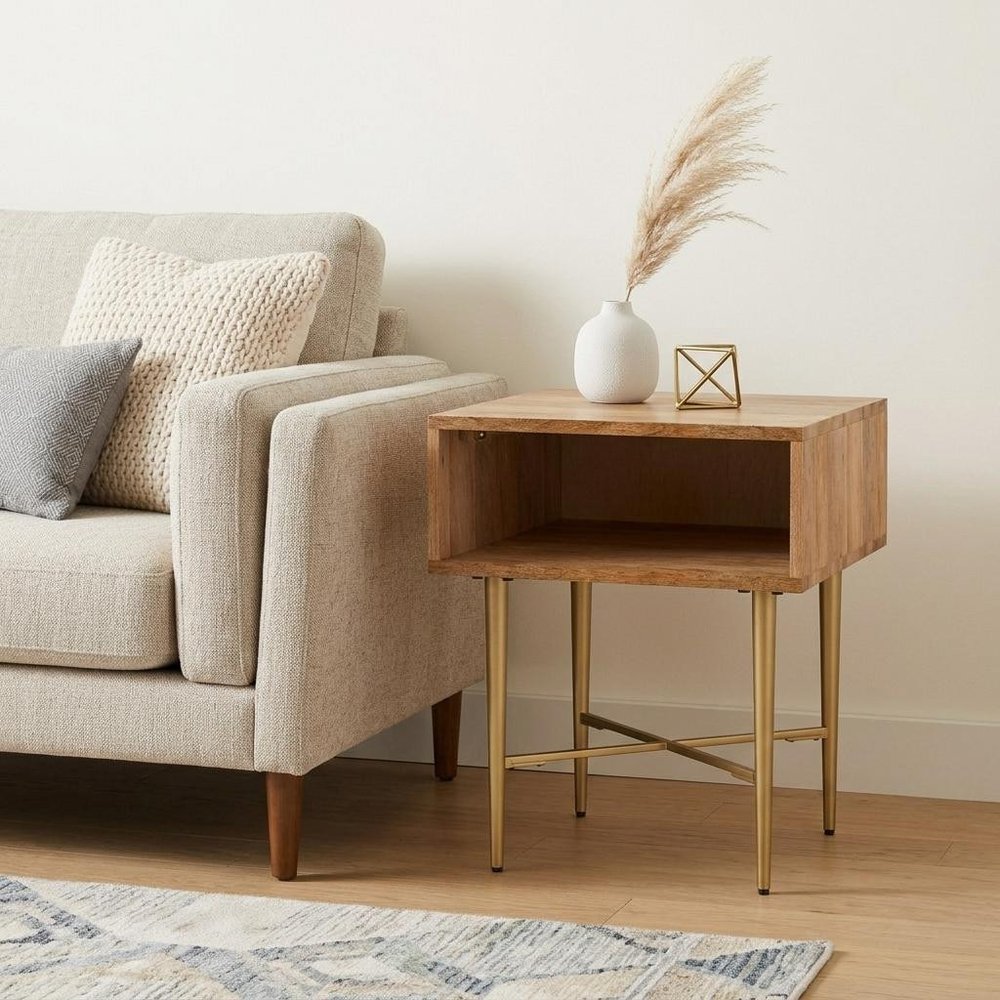 22" Natural and Gold Solid Wood and Iron Square End Table With Shelf