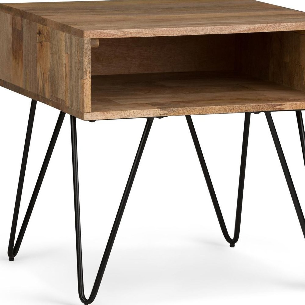 23" Natural Solid Wood And Iron Square End Table With Shelf