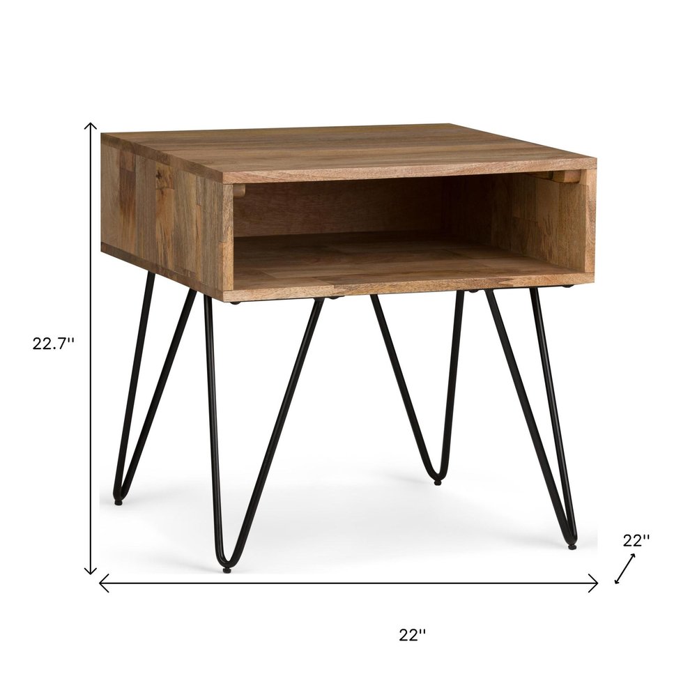 23" Natural Solid Wood And Iron Square End Table With Shelf