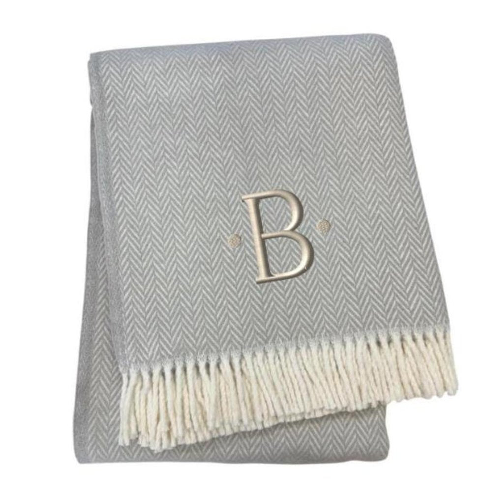 55" X 70" Gray And White Herringbone Cotton Blend A Initial Throw Blanket with Tassels And Embroidery