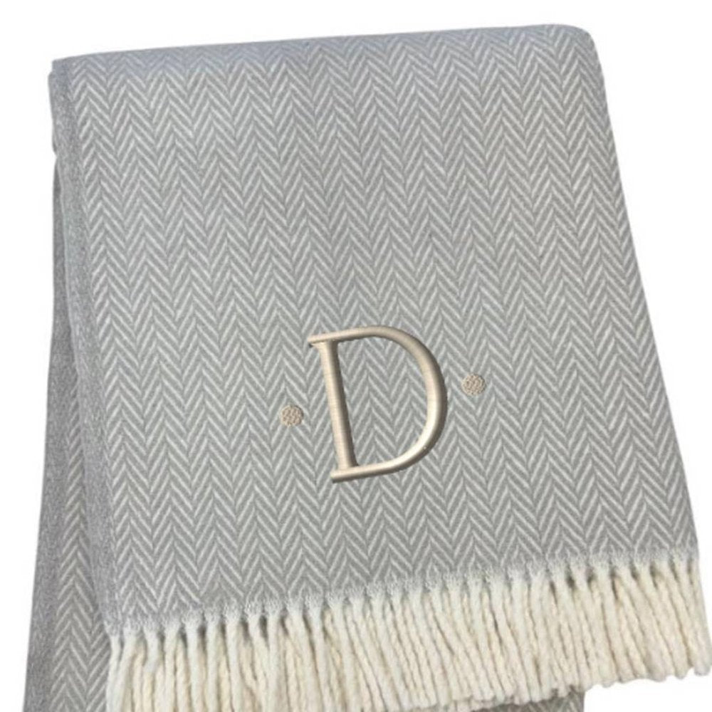55" X 70" Gray And White Herringbone Cotton Blend A Initial Throw Blanket with Tassels And Embroidery