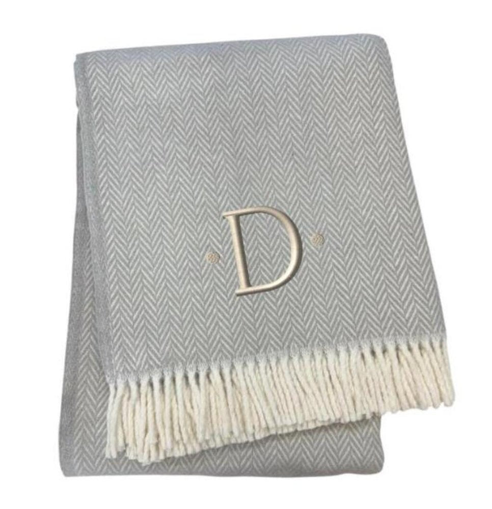55" X 70" Gray And White Herringbone Cotton Blend A Initial Throw Blanket with Tassels And Embroidery