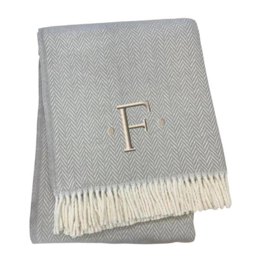 55" X 70" Gray And White Herringbone Cotton Blend A Initial Throw Blanket with Tassels And Embroidery