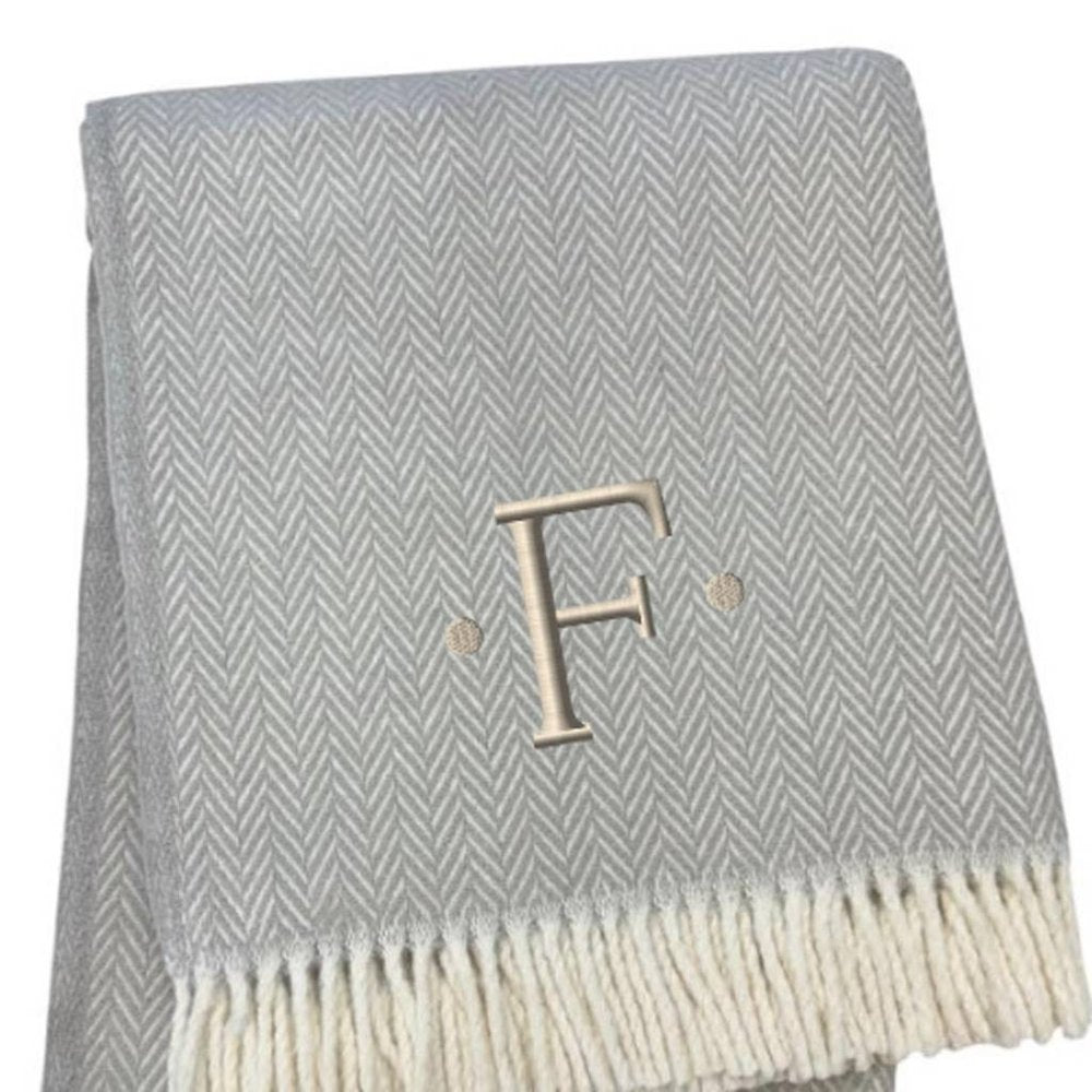 55" X 70" Gray And White Herringbone Cotton Blend A Initial Throw Blanket with Tassels And Embroidery