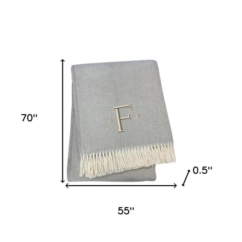 55" X 70" Gray And White Herringbone Cotton Blend A Initial Throw Blanket with Tassels And Embroidery