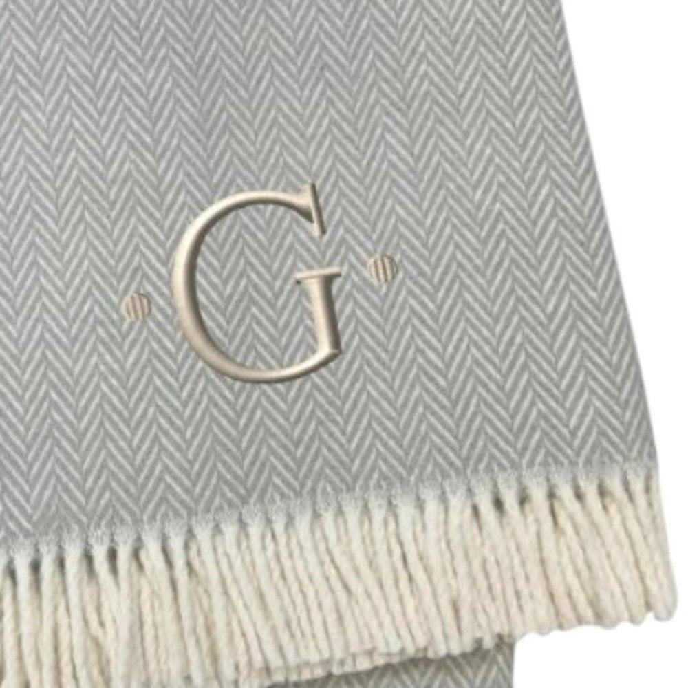 55" X 70" Gray And White Herringbone Cotton Blend A Initial Throw Blanket with Tassels And Embroidery