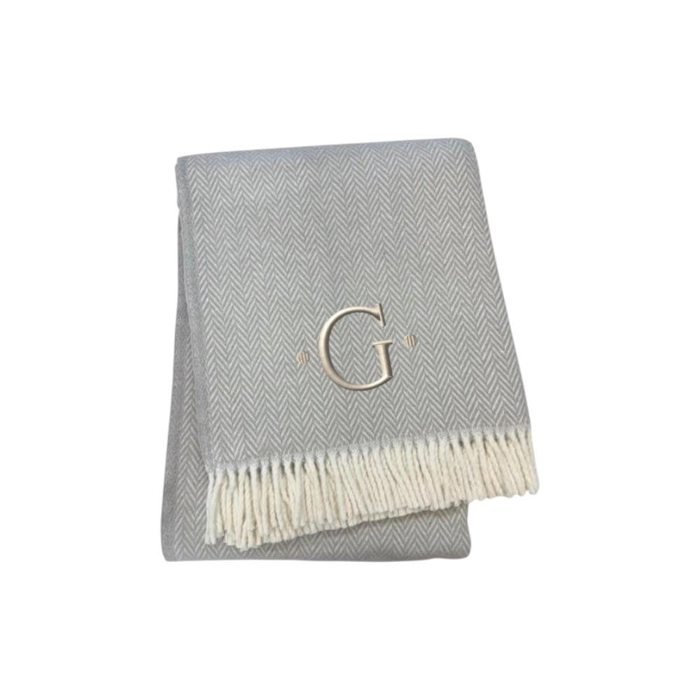 55" X 70" Gray And White Herringbone Cotton Blend A Initial Throw Blanket with Tassels And Embroidery