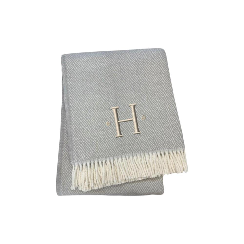 55" X 70" Gray And White Herringbone Cotton Blend A Initial Throw Blanket with Tassels And Embroidery