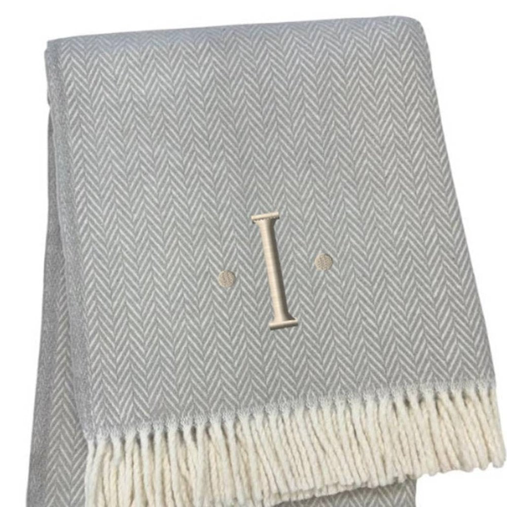 55" X 70" Gray And White Herringbone Cotton Blend A Initial Throw Blanket with Tassels And Embroidery