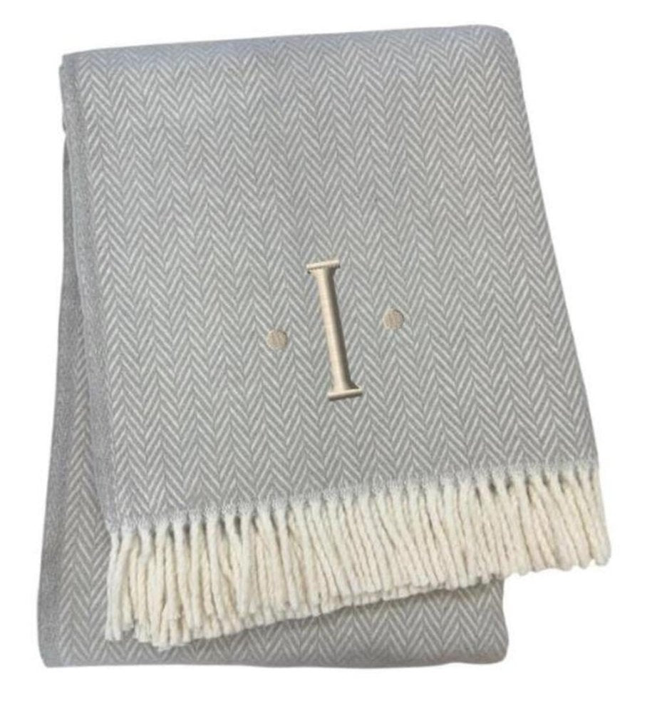 55" X 70" Gray And White Herringbone Cotton Blend A Initial Throw Blanket with Tassels And Embroidery