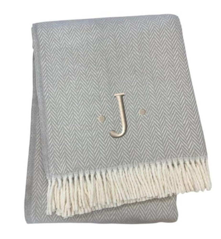 55" X 70" Gray And White Herringbone Cotton Blend A Initial Throw Blanket with Tassels And Embroidery