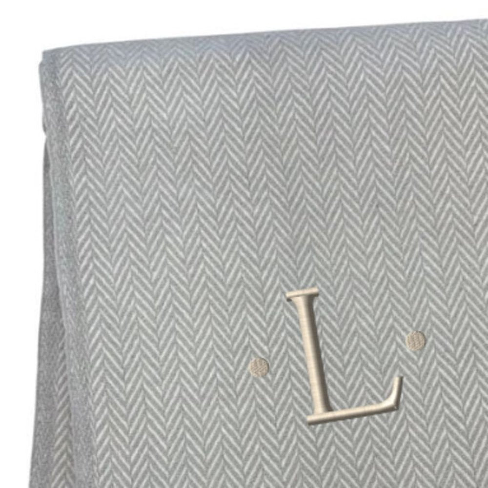 55" X 70" Gray And White Herringbone Cotton Blend A Initial Throw Blanket with Tassels And Embroidery