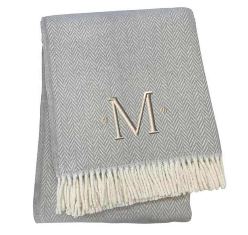 55" X 70" Gray And White Herringbone Cotton Blend A Initial Throw Blanket with Tassels And Embroidery