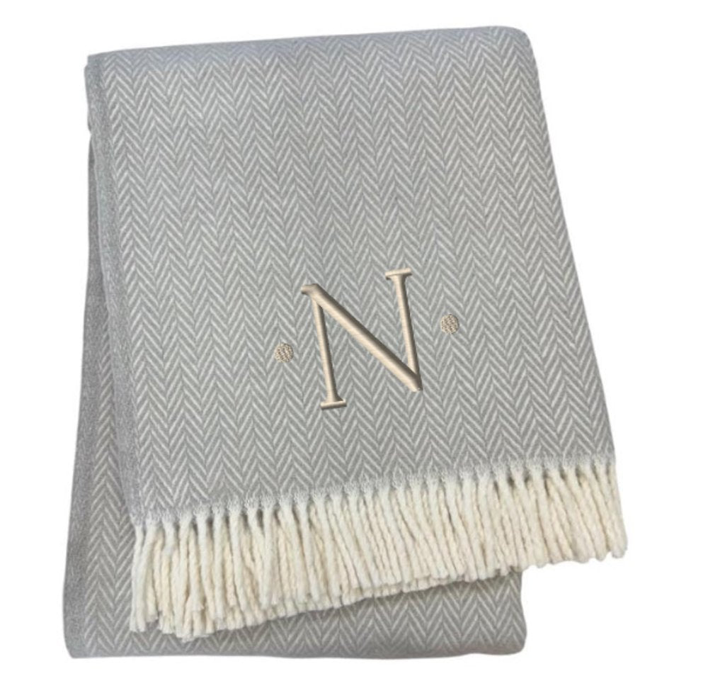 55" X 70" Gray And White Herringbone Cotton Blend A Initial Throw Blanket with Tassels And Embroidery