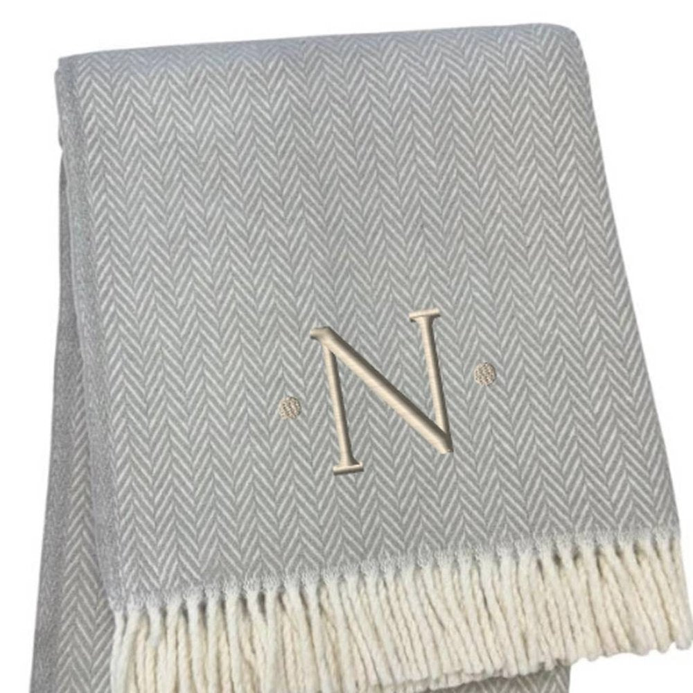 55" X 70" Gray And White Herringbone Cotton Blend A Initial Throw Blanket with Tassels And Embroidery