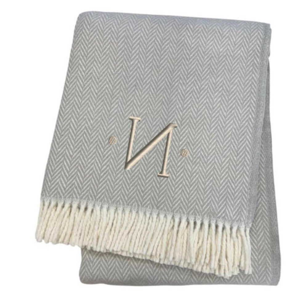 55" X 70" Gray And White Herringbone Cotton Blend A Initial Throw Blanket with Tassels And Embroidery