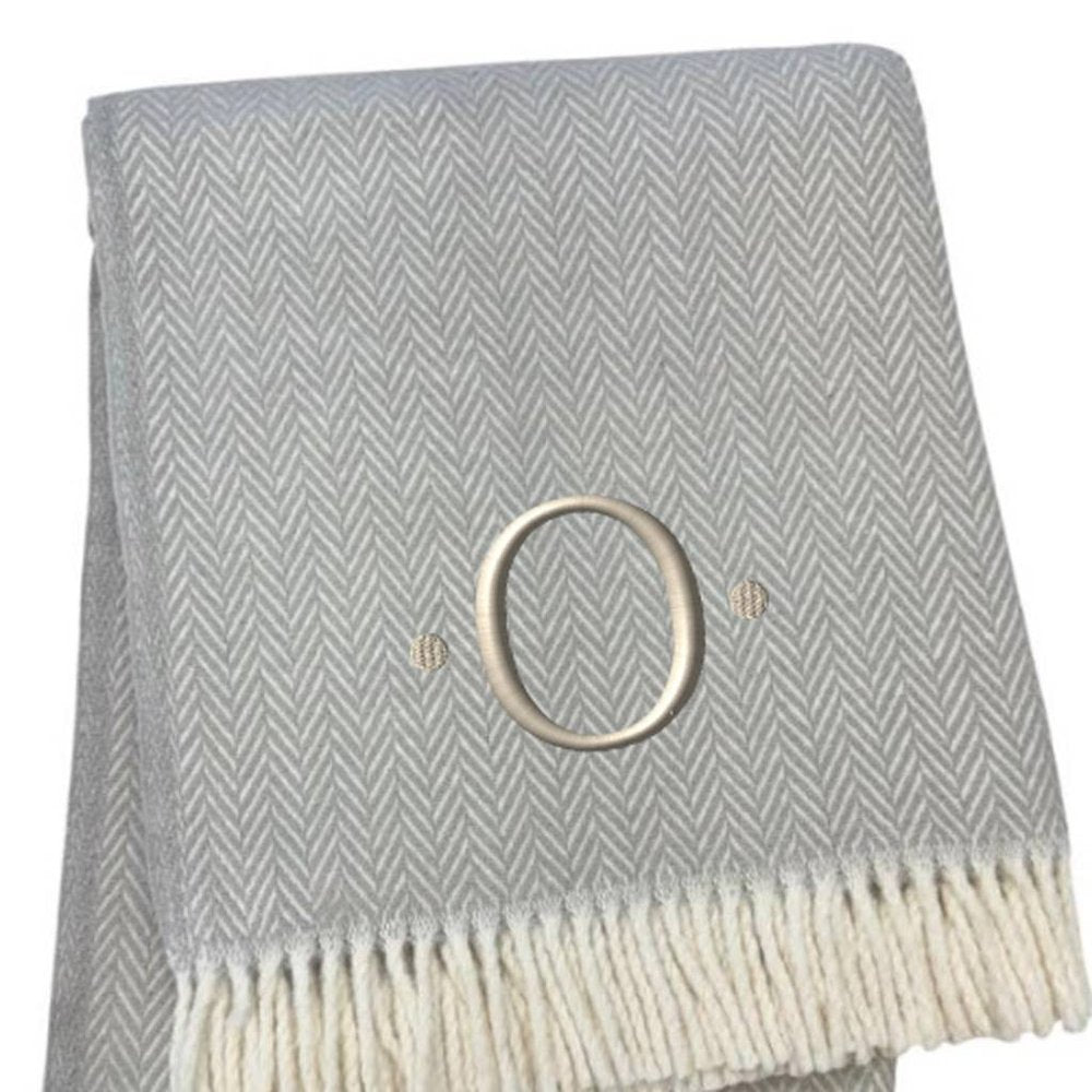 55" X 70" Gray And White Herringbone Cotton Blend A Initial Throw Blanket with Tassels And Embroidery