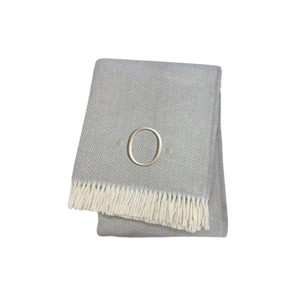 55" X 70" Gray And White Herringbone Cotton Blend A Initial Throw Blanket with Tassels And Embroidery