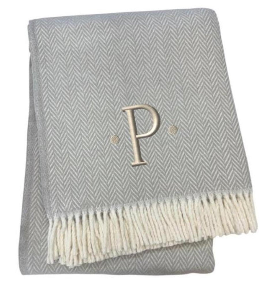 55" X 70" Gray And White Herringbone Cotton Blend A Initial Throw Blanket with Tassels And Embroidery