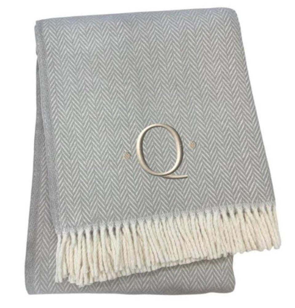55" X 70" Gray And White Herringbone Cotton Blend A Initial Throw Blanket with Tassels And Embroidery