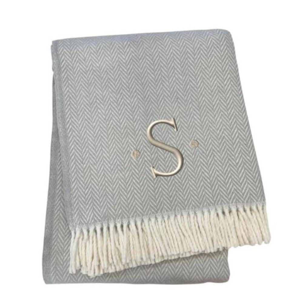 55" X 70" Gray And White Herringbone Cotton Blend A Initial Throw Blanket with Tassels And Embroidery