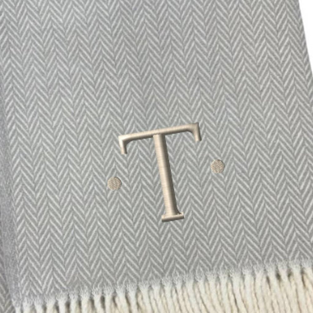 55" X 70" Gray And White Herringbone Cotton Blend A Initial Throw Blanket with Tassels And Embroidery