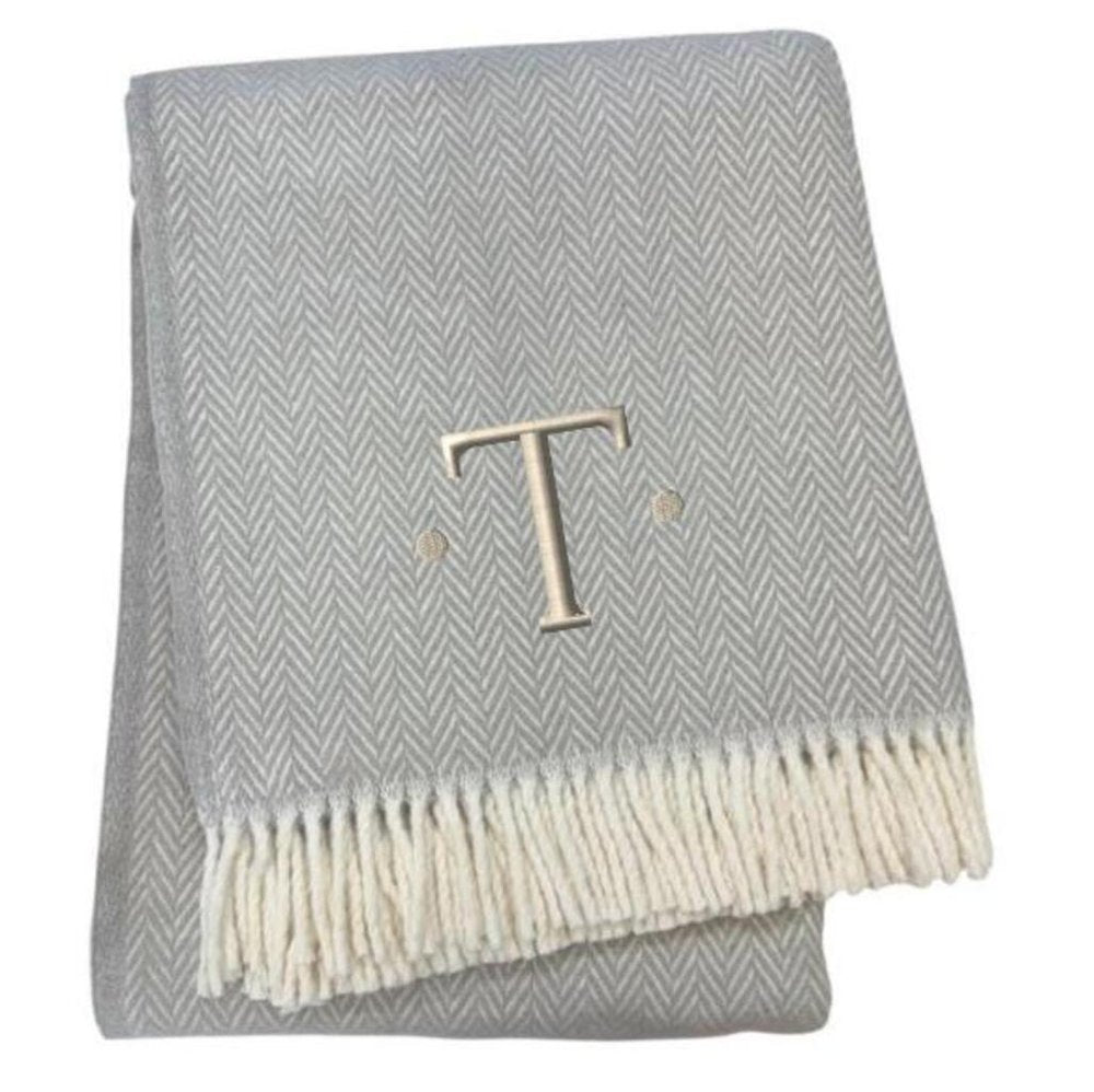 55" X 70" Gray And White Herringbone Cotton Blend A Initial Throw Blanket with Tassels And Embroidery