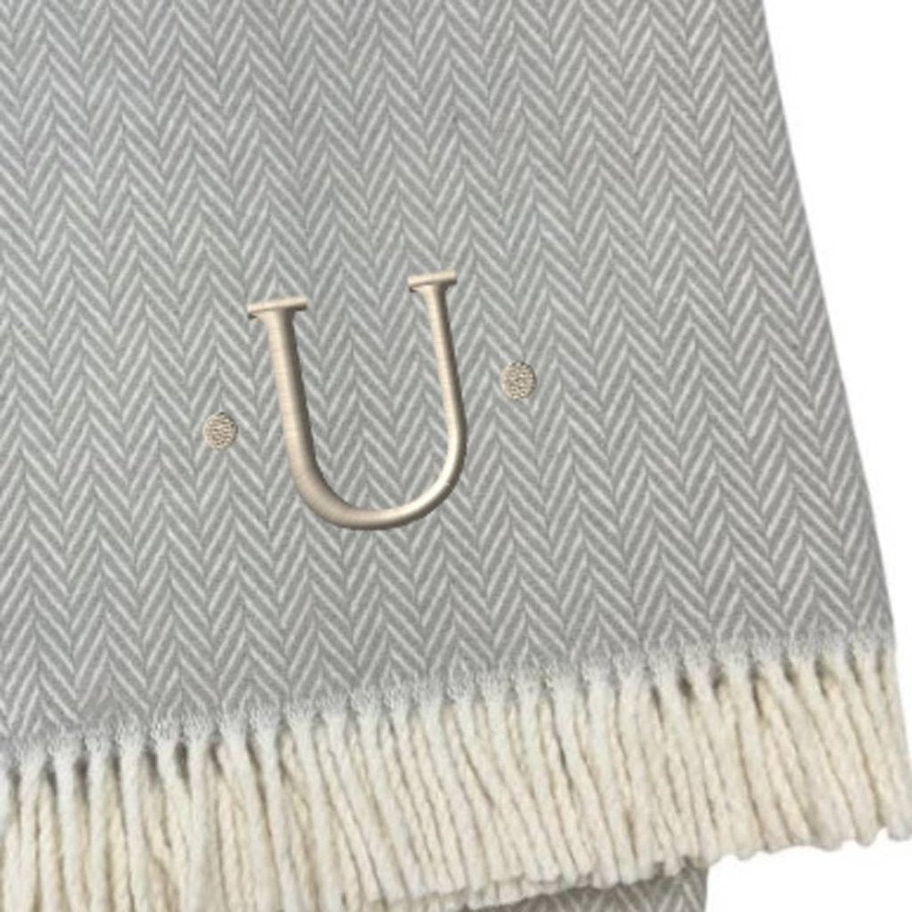 55" X 70" Gray And White Herringbone Cotton Blend A Initial Throw Blanket with Tassels And Embroidery