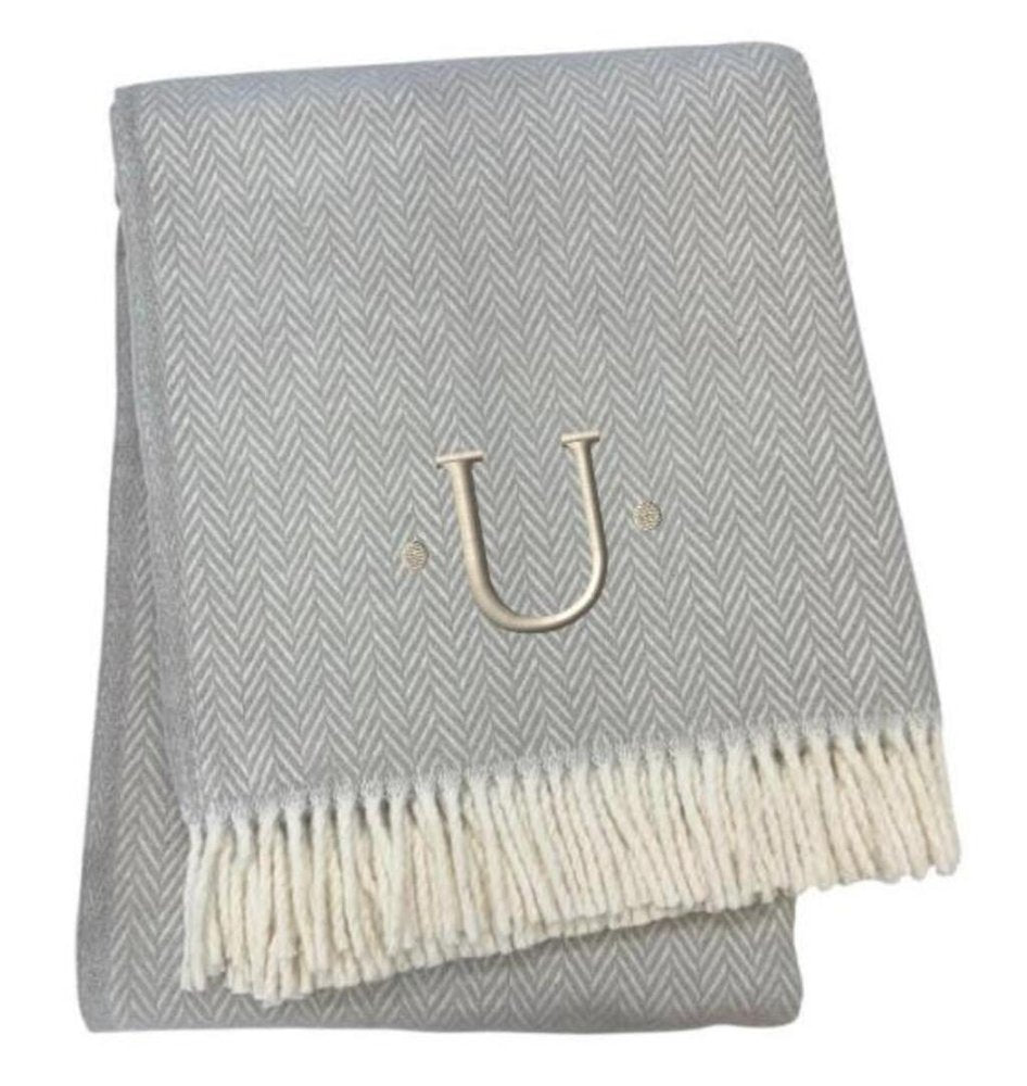 55" X 70" Gray And White Herringbone Cotton Blend A Initial Throw Blanket with Tassels And Embroidery
