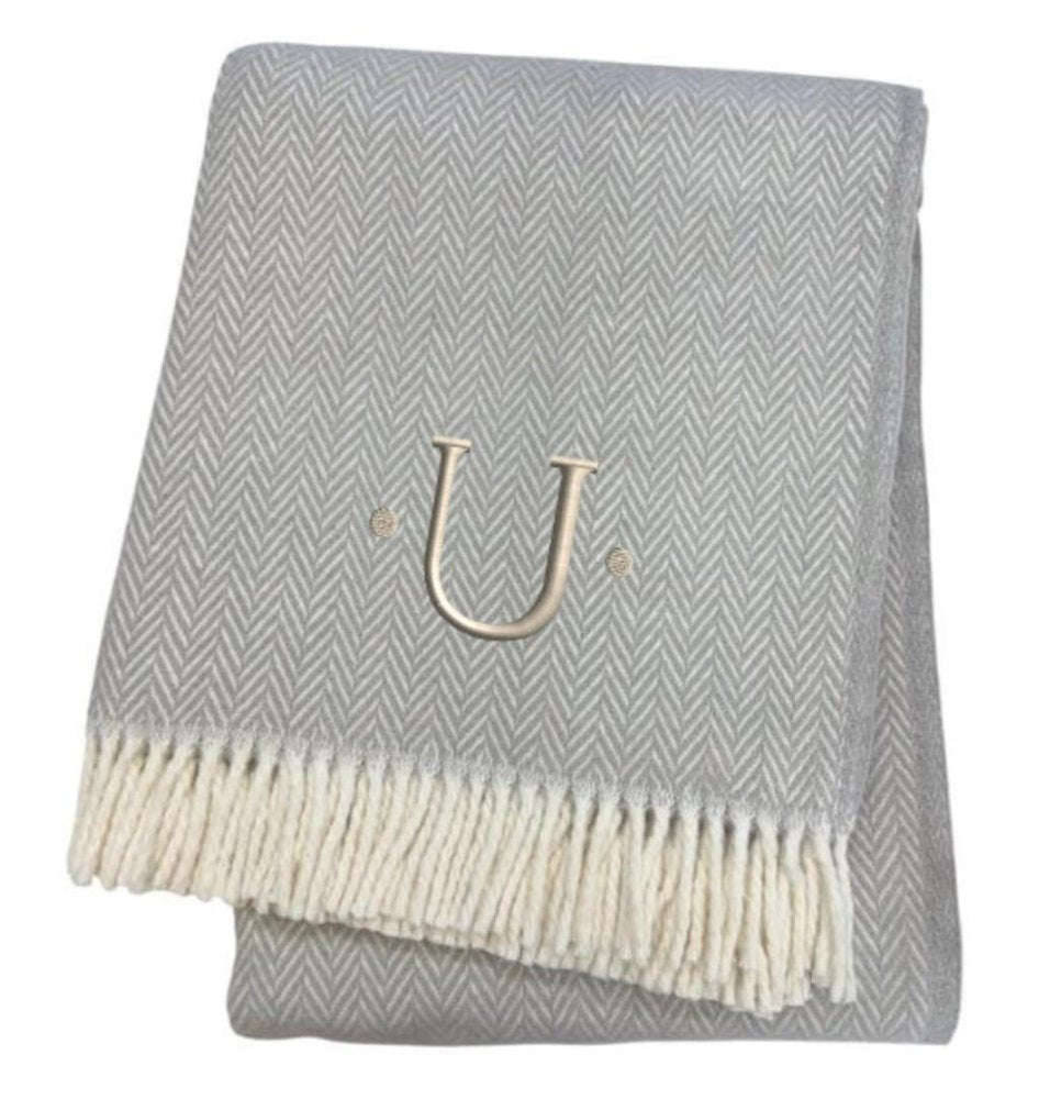 55" X 70" Gray And White Herringbone Cotton Blend A Initial Throw Blanket with Tassels And Embroidery