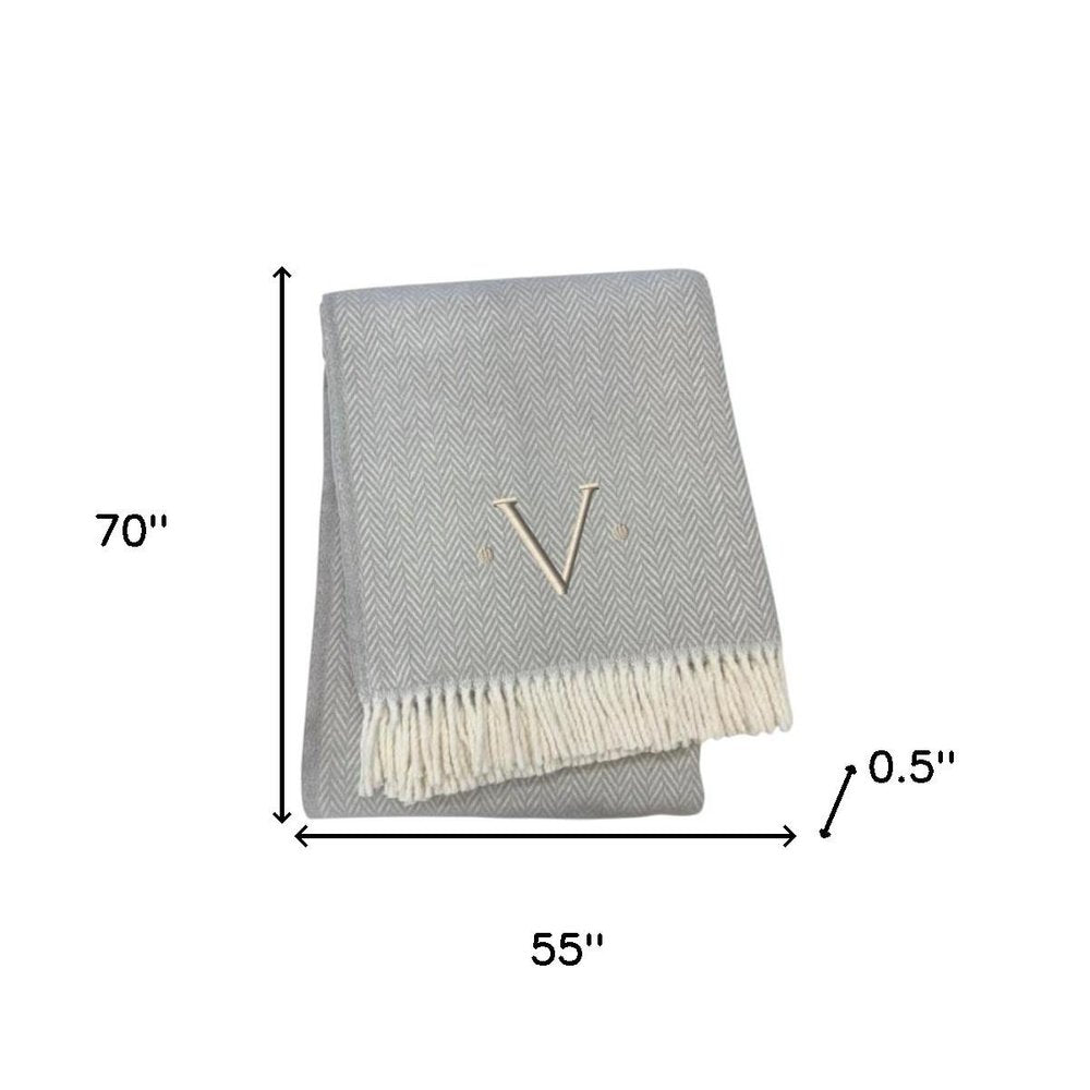 55" X 70" Gray And White Herringbone Cotton Blend A Initial Throw Blanket with Tassels And Embroidery