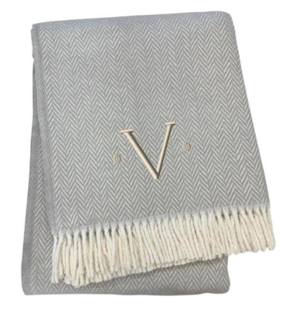 55" X 70" Gray And White Herringbone Cotton Blend A Initial Throw Blanket with Tassels And Embroidery