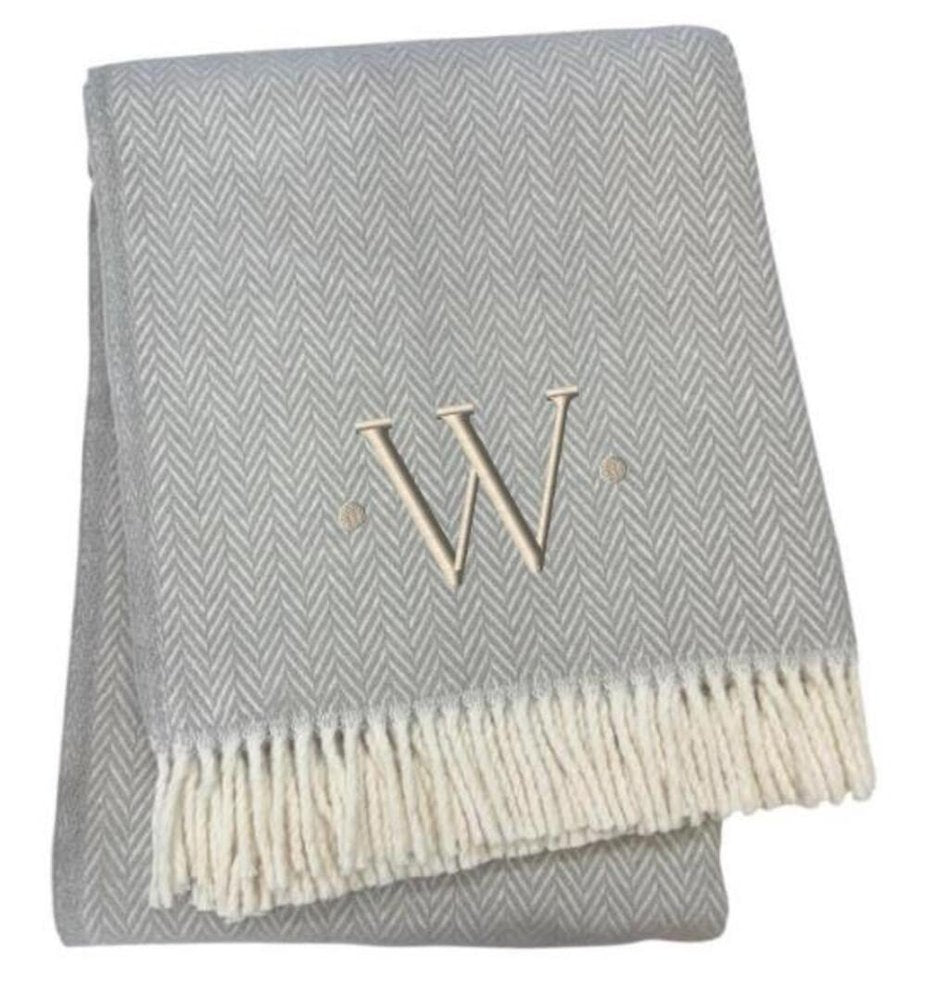 55" X 70" Gray And White Herringbone Cotton Blend A Initial Throw Blanket with Tassels And Embroidery