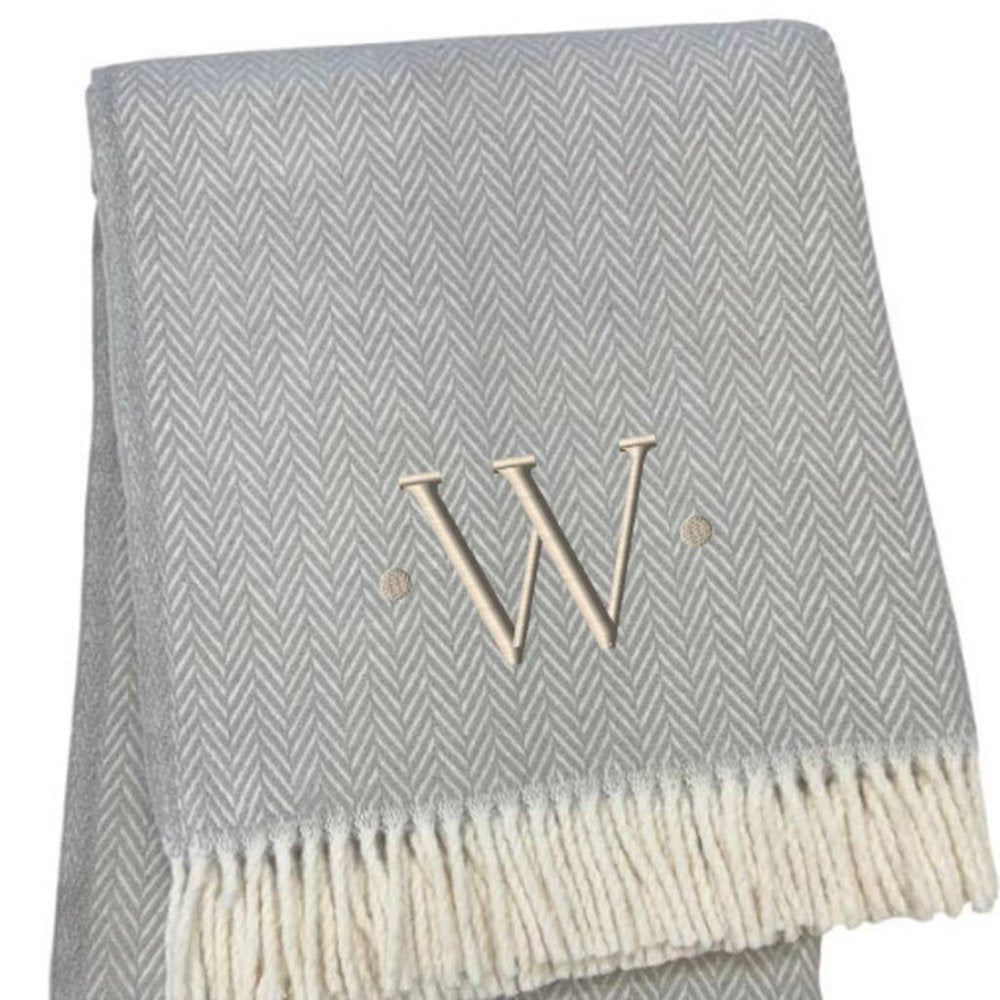 55" X 70" Gray And White Herringbone Cotton Blend A Initial Throw Blanket with Tassels And Embroidery