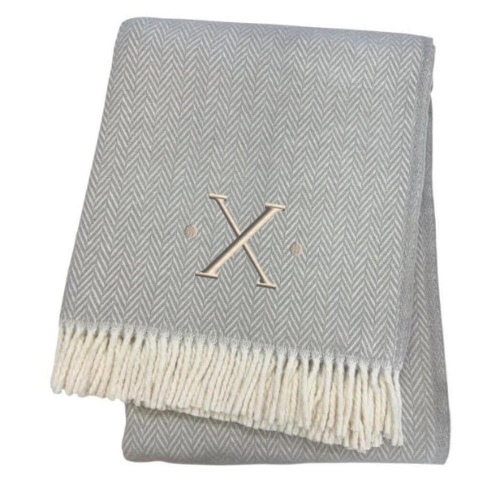 55" X 70" Gray And White Herringbone Cotton Blend A Initial Throw Blanket with Tassels And Embroidery