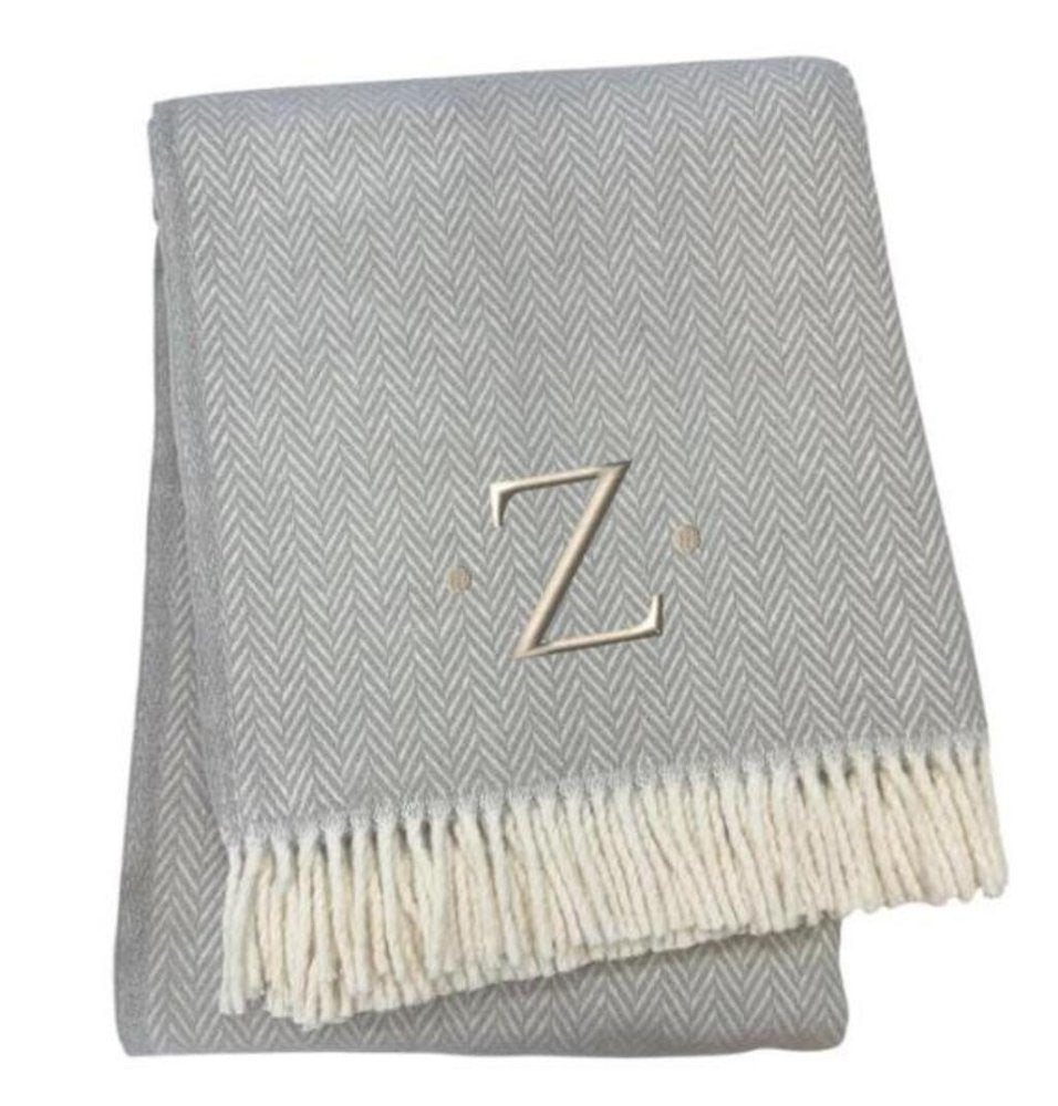 55" X 70" Gray And White Herringbone Cotton Blend A Initial Throw Blanket with Tassels And Embroidery