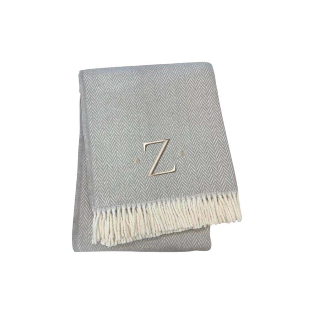 55" X 70" Gray And White Herringbone Cotton Blend A Initial Throw Blanket with Tassels And Embroidery