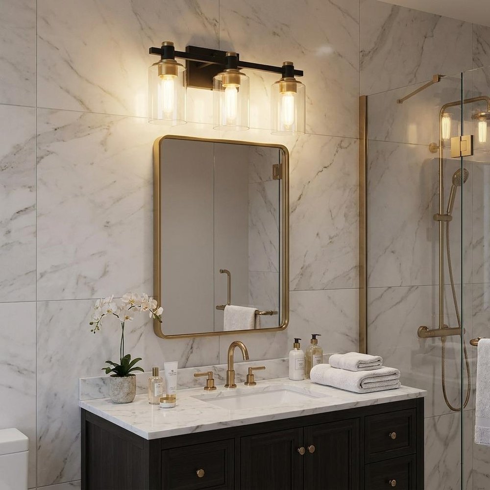 19" Black And Gold Steel And Glass Three Light Bath Bar Vanity Light