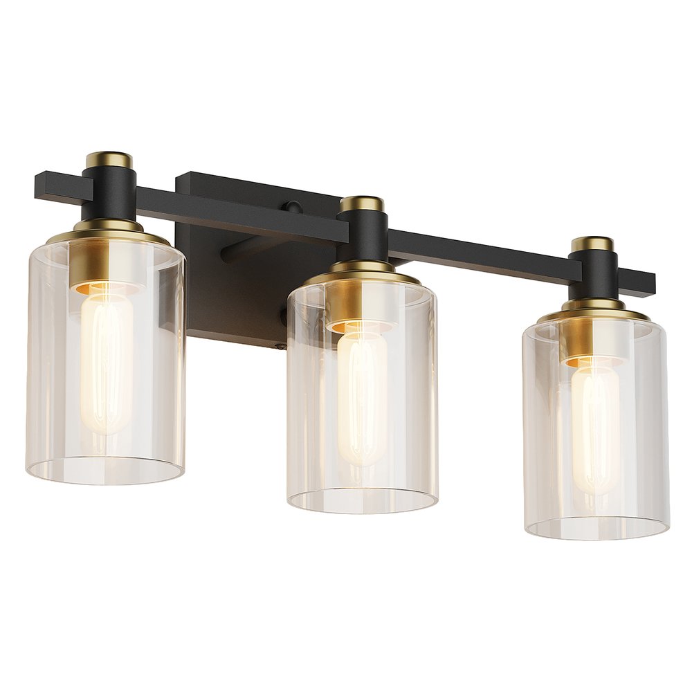 19" Black And Gold Steel And Glass Three Light Bath Bar Vanity Light
