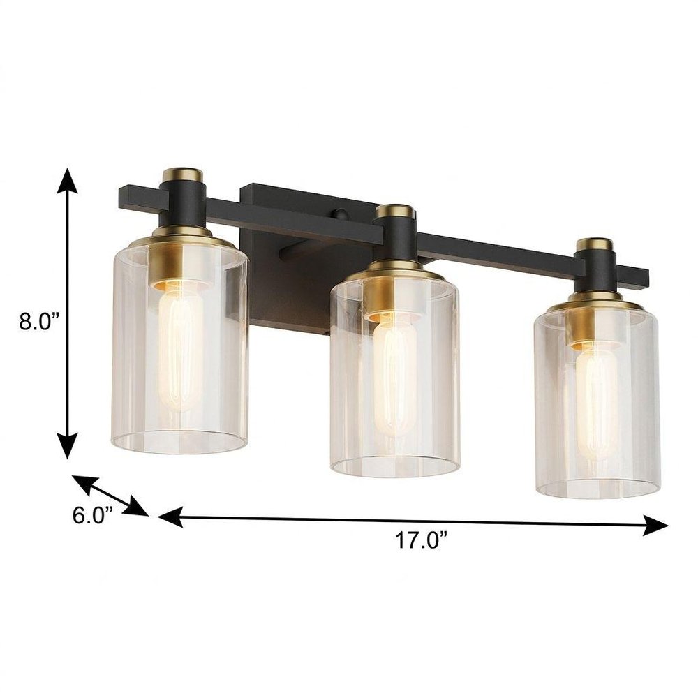 19" Black And Gold Steel And Glass Three Light Bath Bar Vanity Light