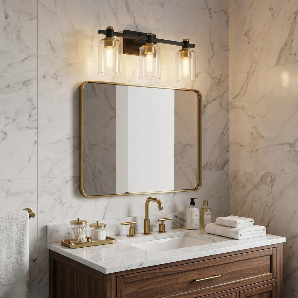 19" Black And Gold Steel And Glass Three Light Bath Bar Vanity Light