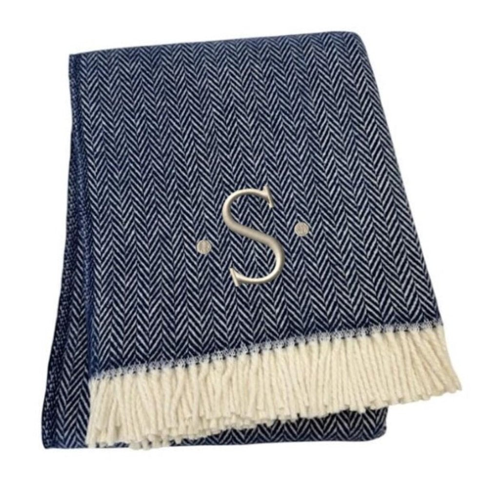 55" X 70" Navy Blue And White Herringbone Cotton Blend S Initial Throw Blanket with Tassels And Embroidery