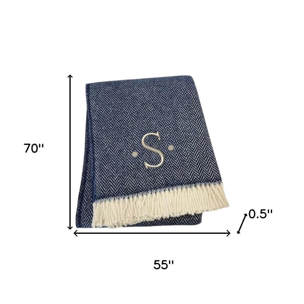 55" X 70" Navy Blue And White Herringbone Cotton Blend S Initial Throw Blanket with Tassels And Embroidery