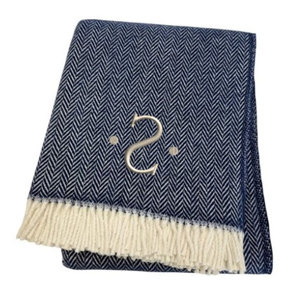 55" X 70" Navy Blue And White Herringbone Cotton Blend S Initial Throw Blanket with Tassels And Embroidery